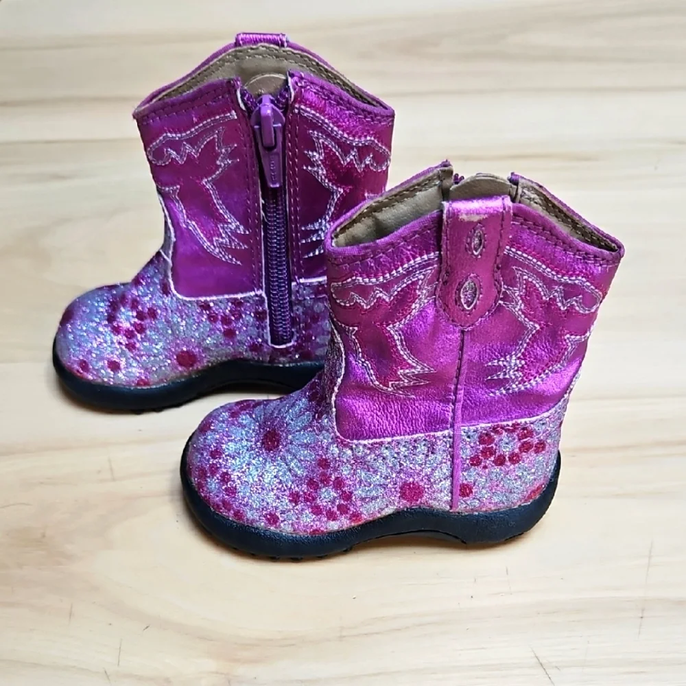 Roper Pink Sparkle Floral Zipper Infant Cowboy Boots W Rubber Soles Sz. 3 - Picture 1 of 9